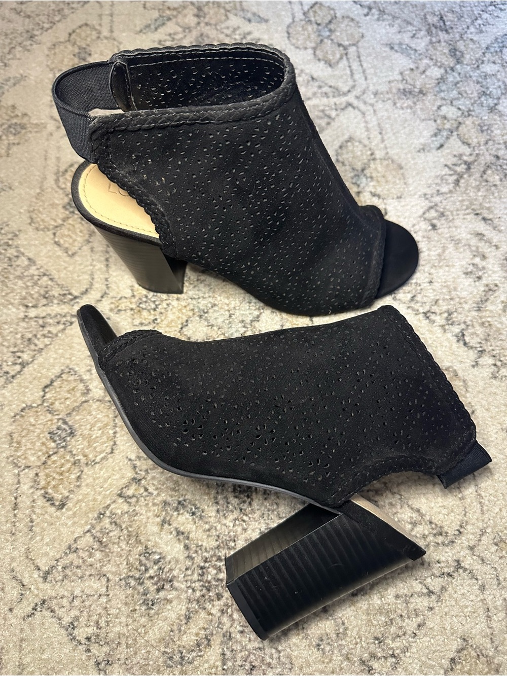 LC Lauren Conrad Black Perforated Peep-Toe Block Heel Booties